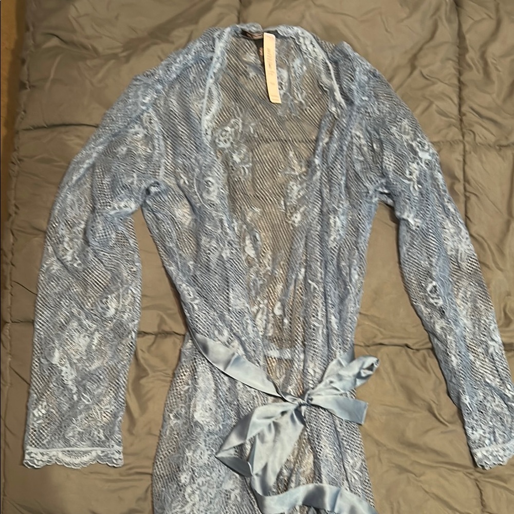 Lace Robe with Satin Tie in Light Blue